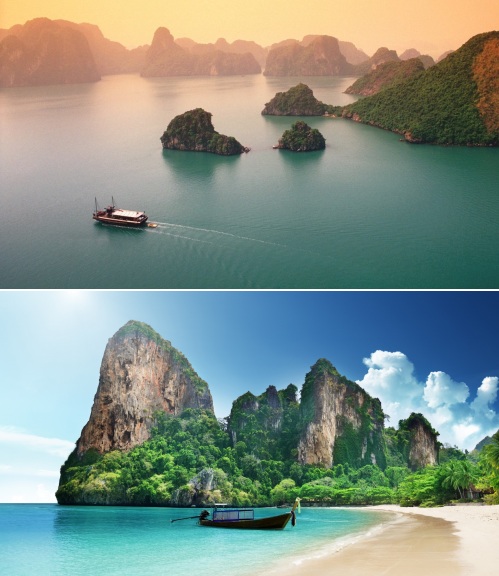 Halong Bay, Vietnam and a beach in Thailand